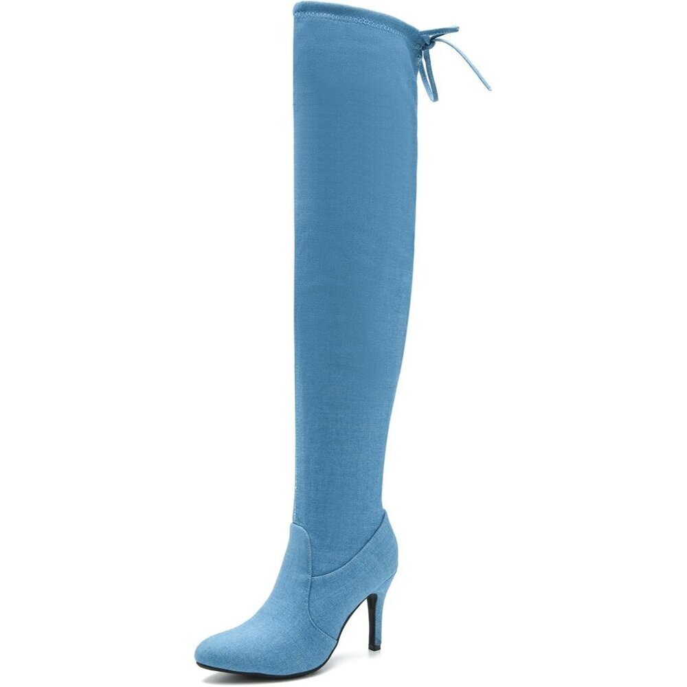 Women Blue Polyurethane Pointed Toe Over The Knee Thigh High Stiletto Heel Boot